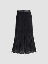 Pleated Belted Mesh Flowy Midi Skirt